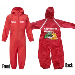 Kids children overalls red or blue rain suit waterproof customise apprentice tractor farmer