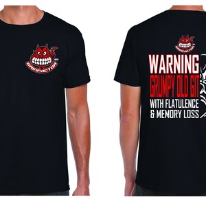 Grinfactor Warning Grumpy Old Git follicly challenged with vision loss black tshirt tee
