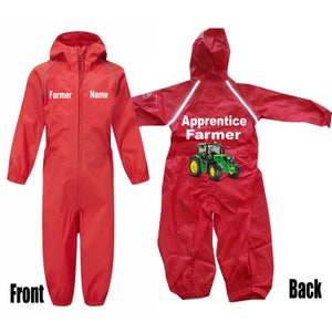 Kids children red or blue overalls rain suit waterproof customise apprentice tractor farmer