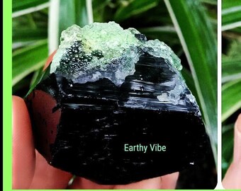 RARE Fluorescent Green Hyalite Opal On Black Tourmaline Gemstone Crystal! Natural + Raw. Ethically Sourced, Untreated.