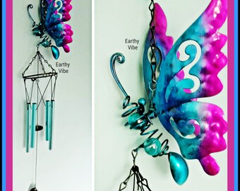 Butterfly Wind Chimes w/Fluttering Wings! Long Hanging. Metal Gradient Purple-Blue Wings & Glass Marble Body.