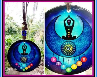 Large Glass Spiritual Meditation Goddess & Moon w/Chakra Symbols Suncatcher Wall Hanging On Rope.