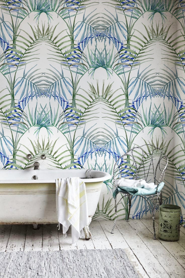 Removable wallpaper Tropical Leaves Blue Wallpaper Wall | Etsy