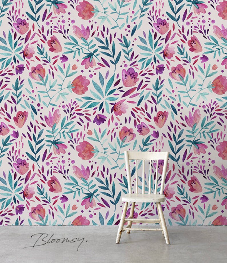 Cute Purple Pattern Wallpaper Flower Removable wallpaper Purple vintage flowers Wallpaper Peel | Etsy