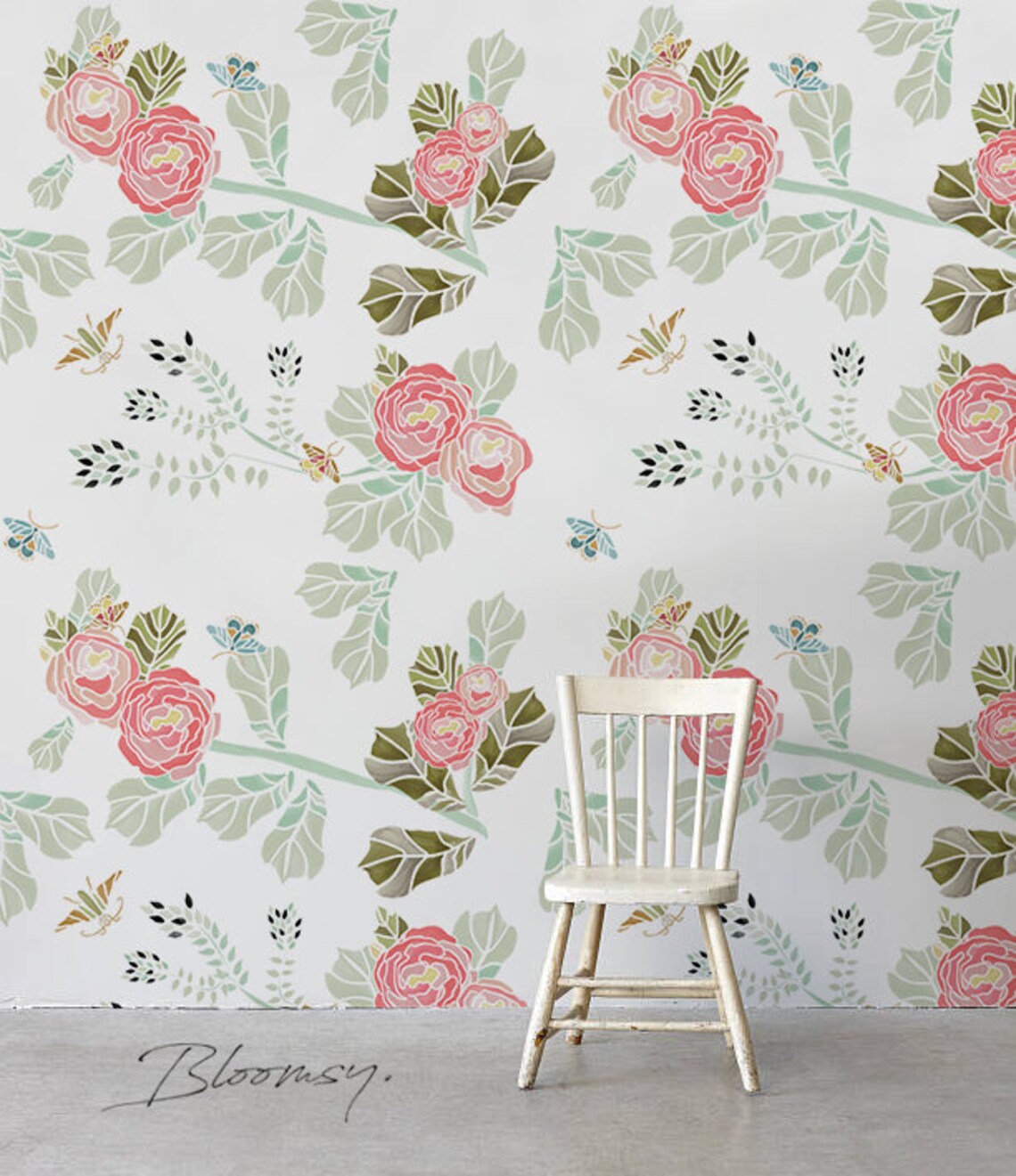Removable Wallpaper Pastel Flowers With Butterflies Etsy