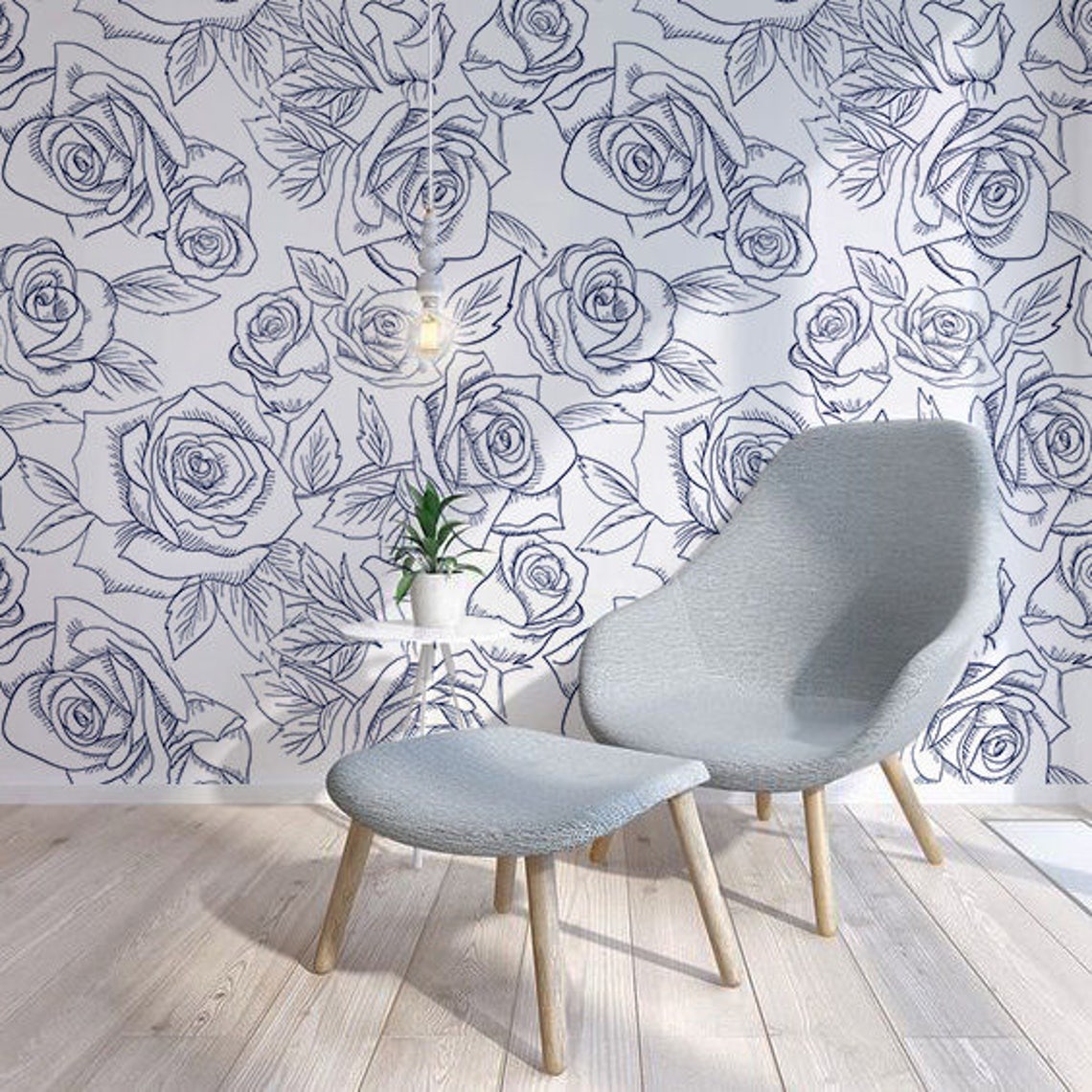 Removable Wallpaper Blue Roses Wallpaper Floral Wallpaper Etsy