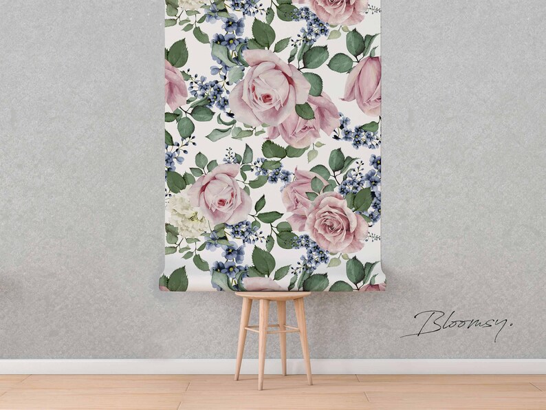 Removable wallpaper Pink Roses Wallpaper Floral Wallpaper | Etsy