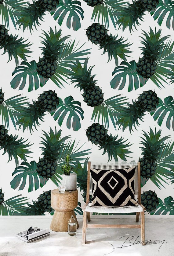 Removable Wallpaper Green Pineapple Wallpaper Tropical Etsy