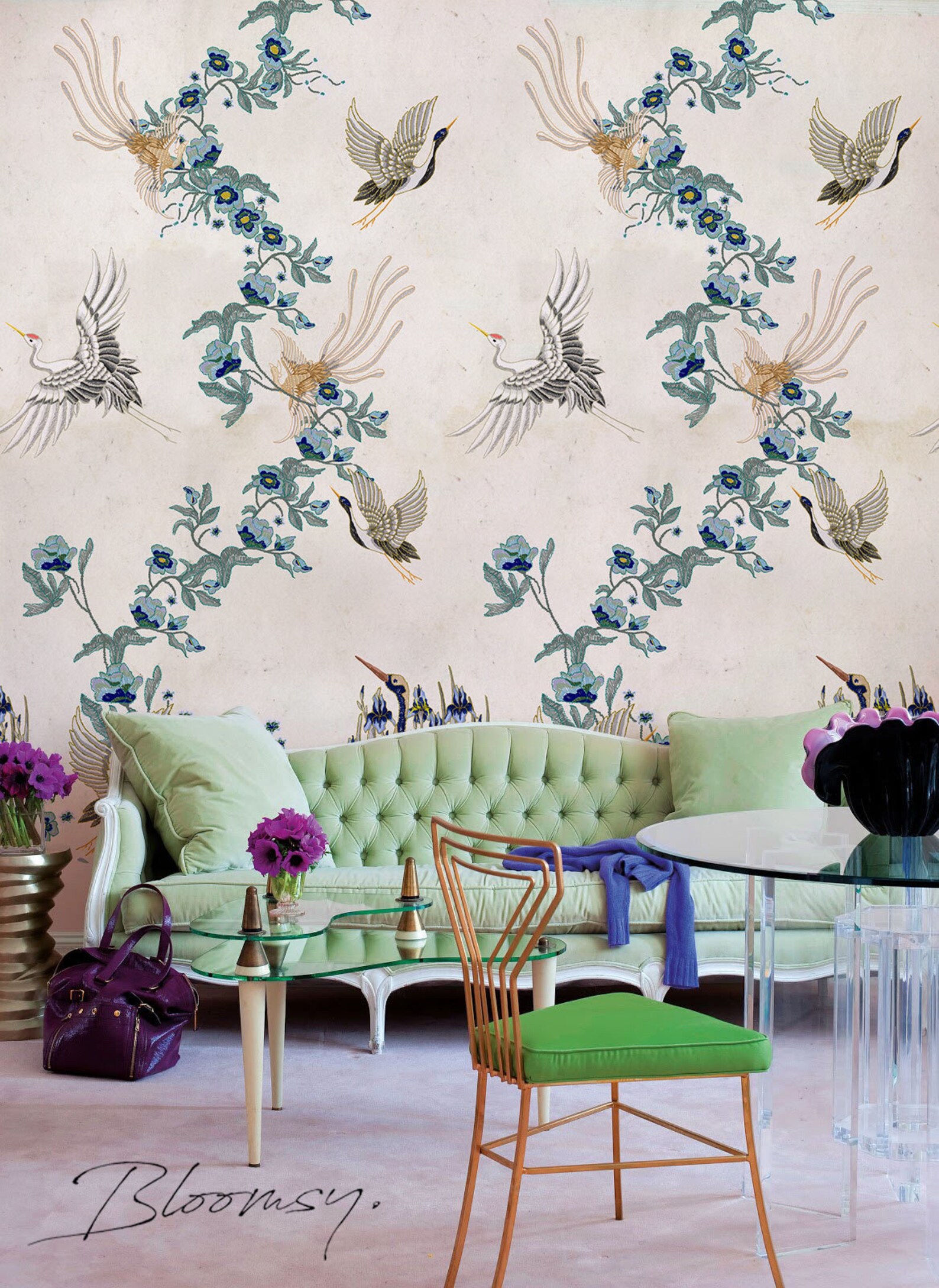 Removable Wallpaper Chinoserie Embroidery Wallpaper Birds Etsy