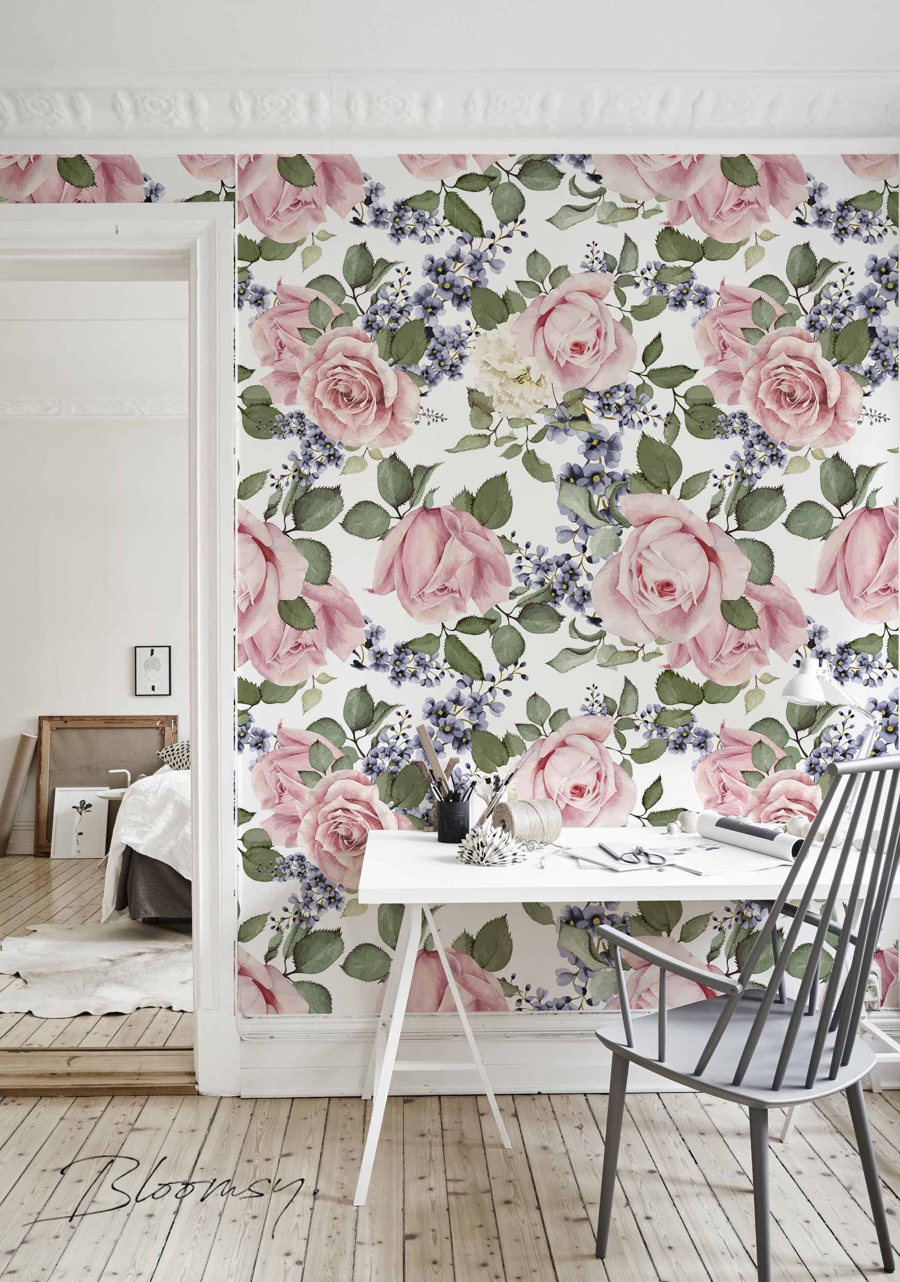 Removable wallpaper Pink Roses Wallpaper Floral Wallpaper | Etsy