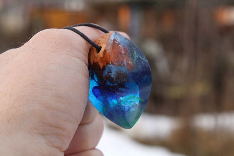 Northern Lights Aurora Blue Resin Necklace Wood Resin Etsy