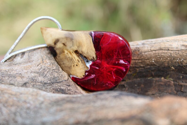 Red Necklace, Wooden Pendant, Wood Resin Pendant, Wood Jewelry, Red