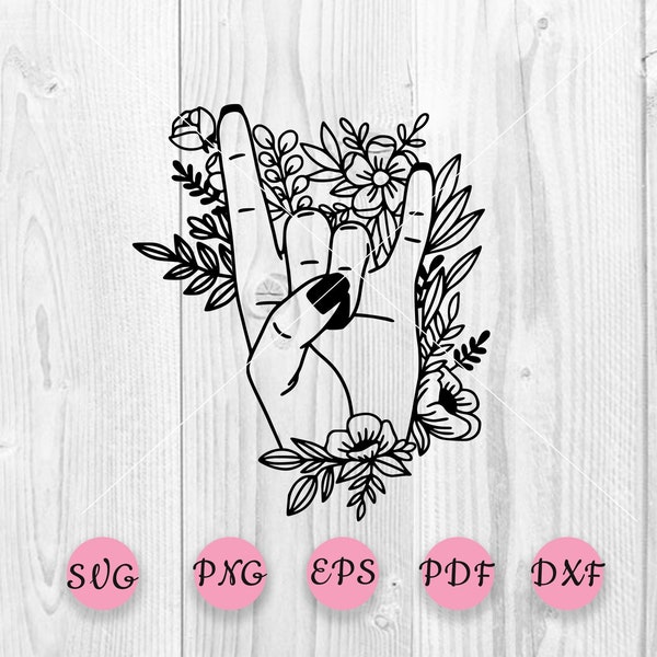 Heavy metal hand svg, Rock on hand svg, Hand with flowers Svg, Hand svg, Floral hand svg, Cutting file Cricut Silhouette