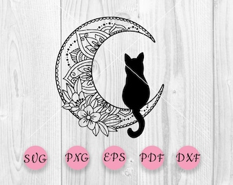 Black cat on the moon svg, Cat flowers svg, Floral moon svg, Moon svg, Cat with flowers, Mandala svg