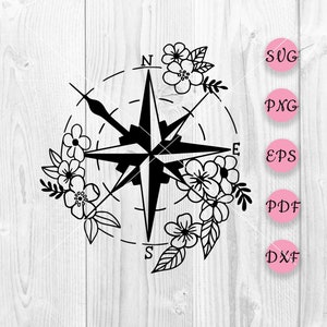 Floral compass svg, Nautical compass svg, Adventure svg, Camping shirt svg, Compass rose, Flower silhouette, Digital file