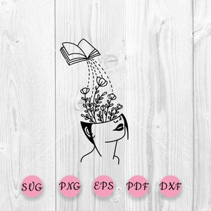 Reading woman svg, Book svg, Book lovers svg, Flowers Svg, Floral woman svg, Woman with flower head svg, knowledge svg