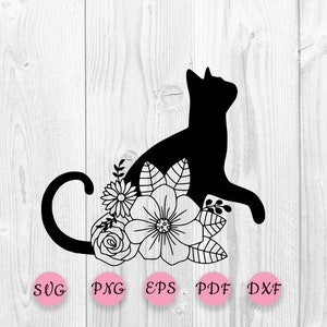Cat with Flowers SVG, Cat Black Silhouette, Cat Cut File, Cat Floral Silhouette, Cat Flower SVG, Cat Floral svg, Floral cat svg