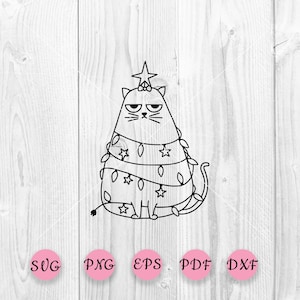 Merry Cat svg, Christmas cat svg, Cute Christmas kitty Silhouette, Merry Christmas Lights Digital files