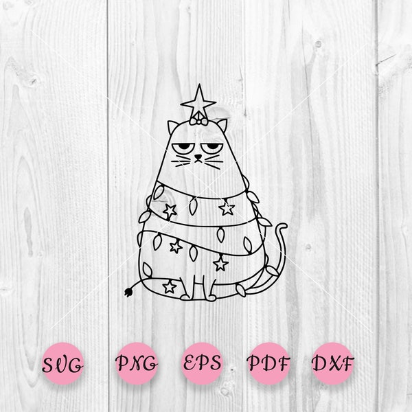 Frohe Katze svg, Weihnachten Katze svg, süße Weihnachten Kitty Silhouette, Frohe Weihnachten Lichter digitale Dateien