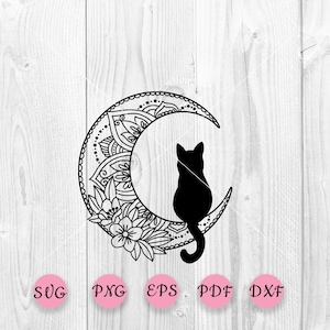 Black cat on the moon svg, Cat flowers svg, Floral moon svg, Moon svg, Cat with flowers, Mandala svg