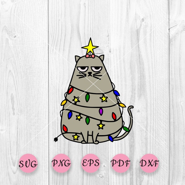 Merry Cat svg, Christmas cat svg, Cute kitty Silhouette, Merry Christmas Lights Digital files