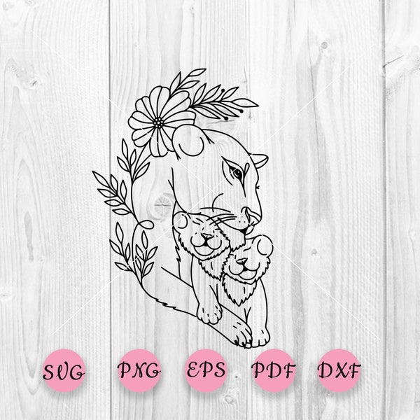 Lioness with two cubs svg, Lioness clipart, Lioness Silhoette, Baby cub svg, Mother care svg, lioness head svg
