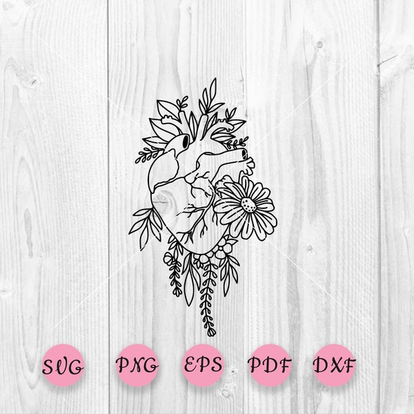 Hearts SVG, Anatomical Heart with flowers SVG. Floral heart svg, Heart SVG. Realistic heart, anatomical heart svg