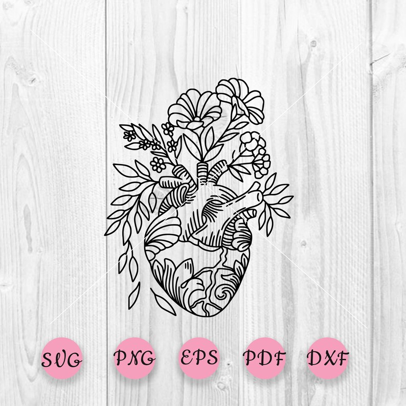 Download Realistic Heart Design For Cricut And Silhouette Floral Heart Svg Heart Svg Anatomical Heart With Flowers Svg Drawing Illustration Art Collectibles Mukena Id