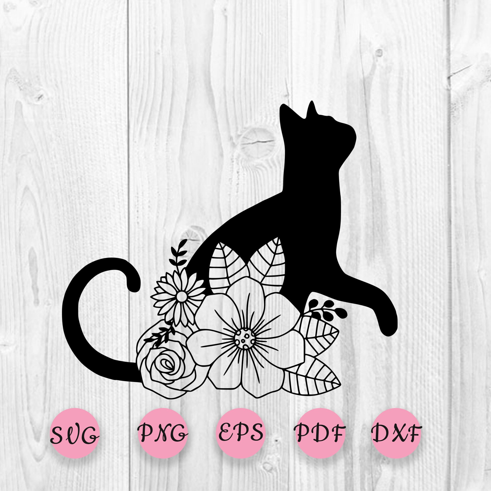 Download Cat with Flowers SVG Cat Black Silhouette Cat Cut File Cat | Etsy