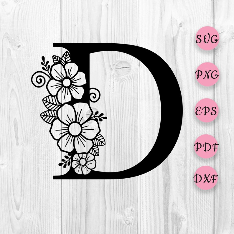 Flower Alphabet svg, Botanical Letter D SVG, One Letter D svg, Floral alphabet svg, Alphabet cut file, Floral letter D svg image 1