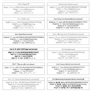 K&ouml;nnte beinhalten: Eine Tabelle, die verschiedene Schriftarten und ihre Gr&ouml;&szlig;en f&uuml;r Buchstaben, Zahlen und Symbole vergleicht. Die Tabelle enth&auml;lt Schriftartnamen wie Times New Roman, Microsoft Jas Black und Caviar Dreams und gibt die Ma&szlig;e in Millimetern f&uuml;r jede Schriftart an.