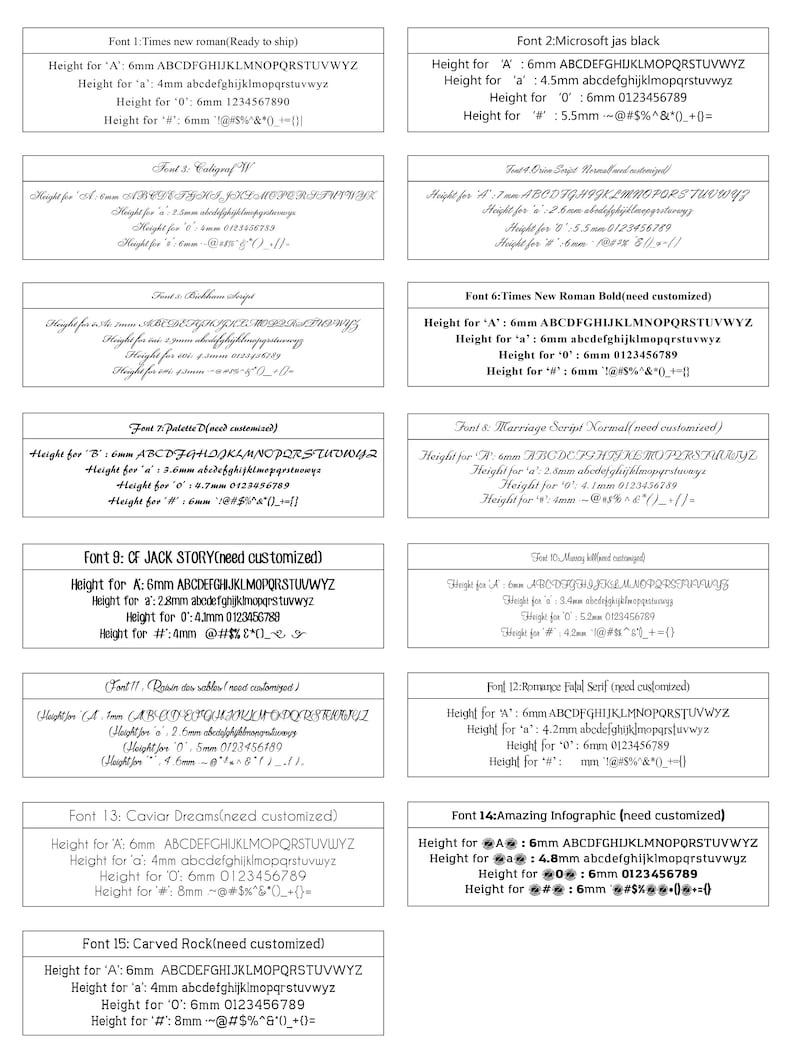 K&ouml;nnte beinhalten: Eine Tabelle, die verschiedene Schriftarten und ihre Gr&ouml;&szlig;en f&uuml;r Buchstaben, Zahlen und Symbole vergleicht. Die Tabelle enth&auml;lt Schriftartnamen wie Times New Roman, Microsoft Jas Black und Caviar Dreams und gibt die Ma&szlig;e in Millimetern f&uuml;r jede Schriftart an.