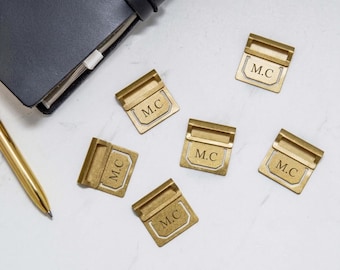 Custom Set of 6 Brass Metal Index Clip with name or initials, custom Brass Paper Clips, brass bookmark，gift for student
