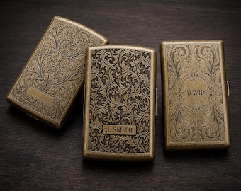 Vintage Engraved Brass Cigarette Case – Custom Monogrammed Floral Pattern, Personalized Retro Metal Tobacco Holder for Men, Luxury Gift Idea