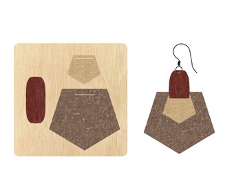 May include: A pair of earrings with a geometric design. The earrings are made of wood and have a brown and beige color scheme. The earrings are attached to a silver hook.