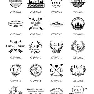 May include: A grid of 20 black and white circular stamp designs. Each stamp features a unique design, including initials, names, dates, and symbols. The stamps are arranged in four rows of five. The text "CYW" followed by a number is below each stamp.