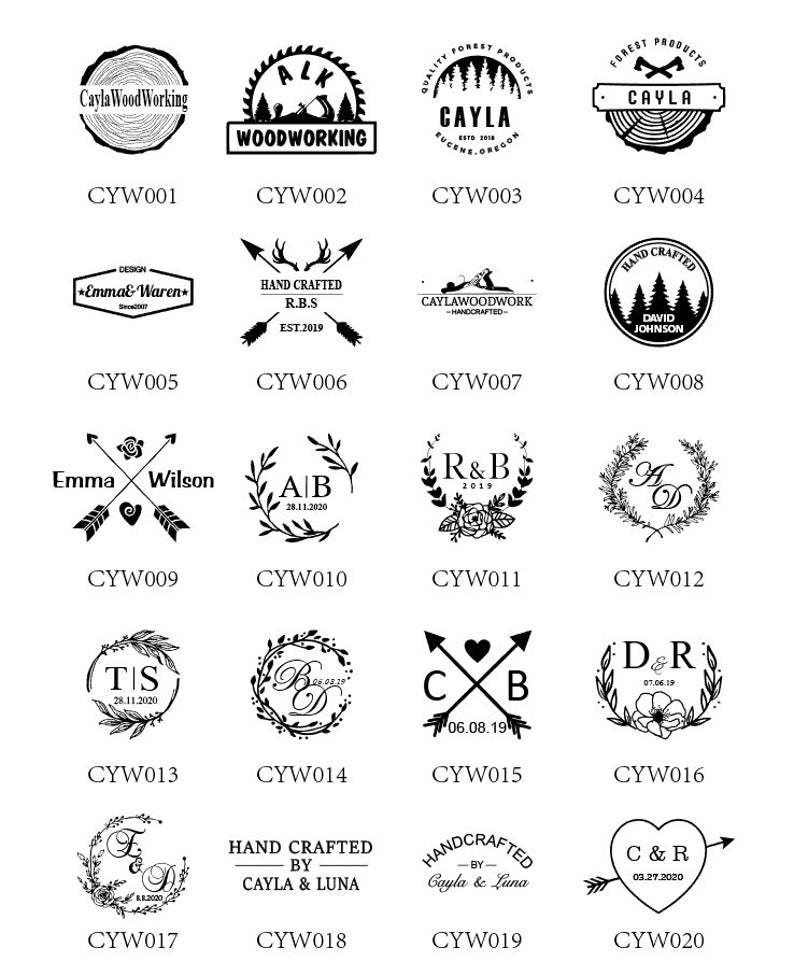 May include: A grid of 20 black and white circular stamp designs. Each stamp features a unique design, including initials, names, dates, and symbols. The stamps are arranged in four rows of five. The text "CYW" followed by a number is below each stamp.
