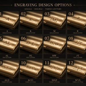 May include: Engraving design options for personalized items. The image displays twelve gold-colored rectangular cases with various letter combinations engraved on the surface. Options include single, double, and triple letter initials.