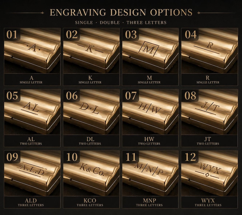 May include: Engraving design options for personalized items. The image displays twelve gold-colored rectangular cases with various letter combinations engraved on the surface. Options include single, double, and triple letter initials.