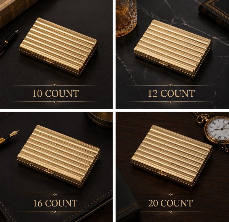 May include: Four gold-colored, rectangular cases with a ribbed design are displayed. Each case is labeled with a count: 10, 12, 16, and 20. The cases are on a dark surface, with a pen, a glass, and a pocket watch visible.