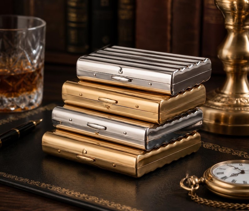 May include: A stack of four metal cigarette cases. Two are silver with a ribbed design, and two are gold-toned with a wavy edge. The cases are stacked on a dark leather surface, with a glass of amber liquid and a pocket watch in the background.