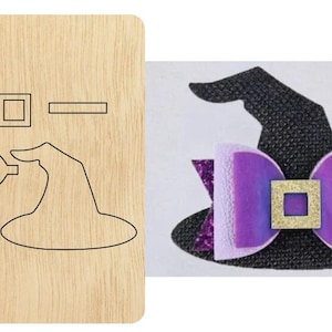 May include: A wooden craft die cut for making a witch hat with a bow. The die cut includes a hat, bow, and a square and rectangle for embellishments.