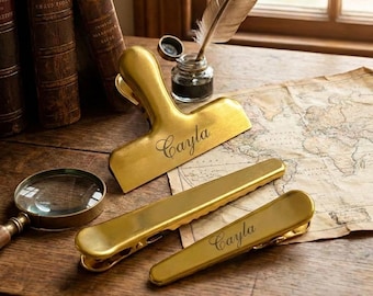 Individuell gravierte Retro Goldene Binderklammer/ personalisierte Messingklammer/ Lebensmittel Tütenverschlussklammer/ ligne Büroklammern/ minimalistische Binderklammer