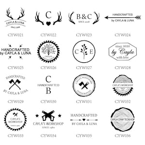 May include: A collection of 12 black and white logo designs for a woodworking business called "Cayla's Workshop". The logos feature various designs, including antlers, a saw blade, a tree, an axe, and a heart. The text "Handcrafted by Cayla & Luna" appears on several of the logos.