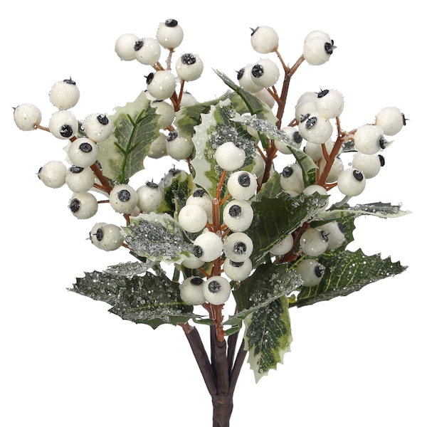 14" FROSTED White BERRY Holly LEAF bundle Pick Stem