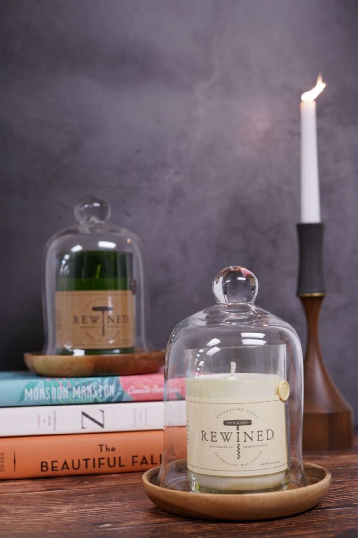 Wooden Candle Coaster with Glass Cloche Rewined Candle Etsy