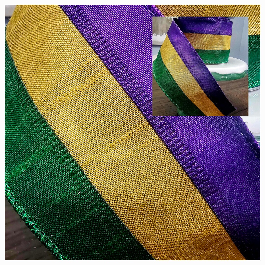 Marchal Ribbon Mardi Gras Ribbon Mardi Gras Metallic Shine Tri Stripes Wired Edge, 2-1 ...