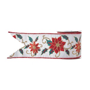 May include: White ribbon with red and green embroidered poinsettia flowers and gold accents.