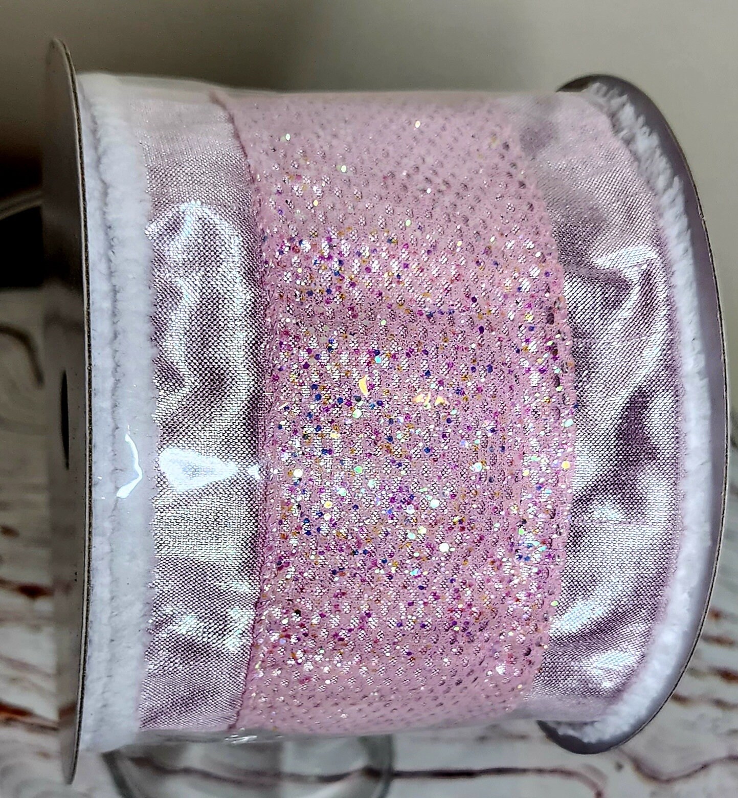Pink Shiny Ribbon Luxurious 4 Inch Pink Glitter Ribbon White Trim Luxury Wired Ribbon ...