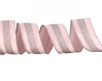 2.5 inch x 5 yards pastel pink silver stripe trim dupion ribbon - pastel pink ribbon - pink silver ribbon luxury ribbon